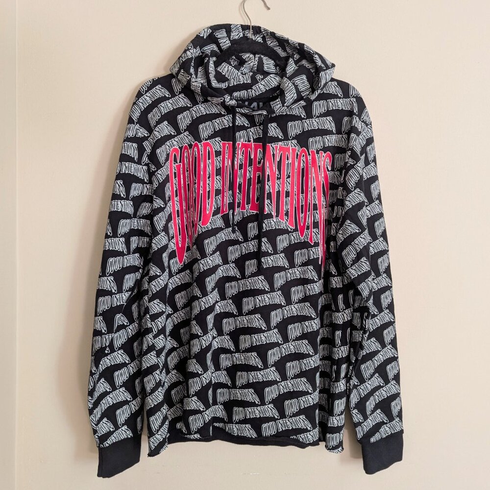 Vlone x Nav Good Intentions All Over Hoodie Men's Black Pullover Cotton Size XL